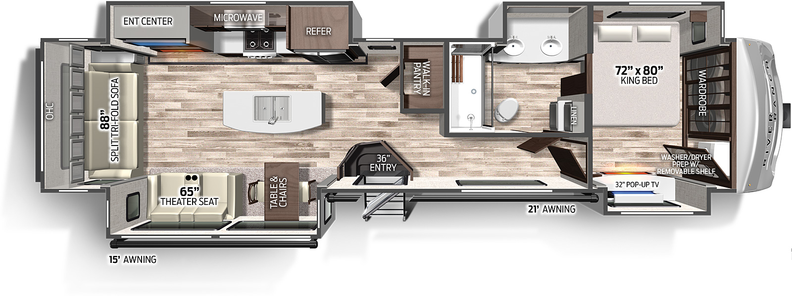 The 390RL has 4 slide outs, 3 on the road side and two on the camp side, along with one entry door on the camp side. Interior layout from front to back: front bedroom with king size bed in the road-side slide out, TV entertainment and dresser in the camp side slide out; side aisle bathroom with double sinks and vanity in the road-side slide out; kitchen with pantry and island with sink; fridge, oven and entertainment center in the roadside slide out, the dinette with free standing chairs and theater seating in the camp side slide out. 