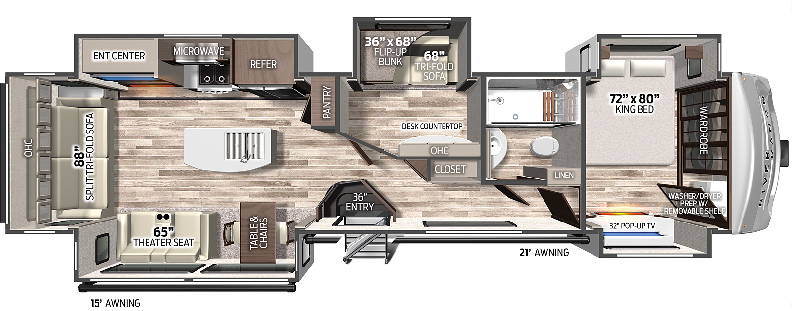 The 392MB has 5 slide outs, 3 on the road side and two on the camp side, along with one entry door on the camp side. Interior layout from front to back: front bedroom with king size bed in the road-side slide out and TV entertainment and dresser in the camp side slide out. Side aisle bathroom and bunk room with TV entertainment and cabinets, roadside slide out containing top bunk and pull-out sofa; The kitchen with island containing sink and residential fridge, oven and cook top in the roadside slide out; dinette with free standing chairs in the camp side slide out. The rear living room with sofa and roadside slide out containing entertainment center and theater seating in the camp side slide out. 