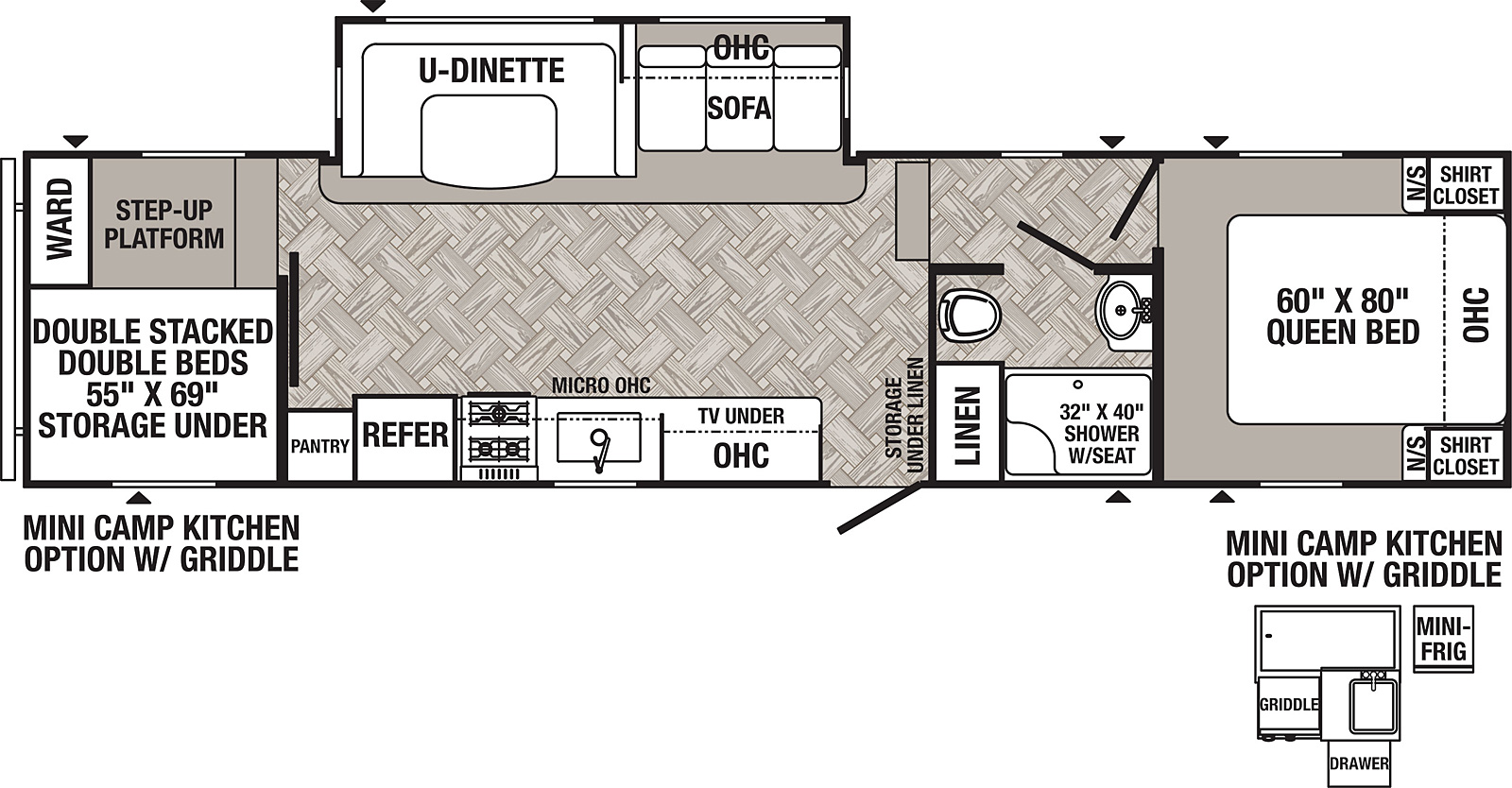 The 299BHS has one slide out on the off door side. Interior layout from front to back: front bedroom with queen bed, overhead cabinet, shirt closet and night stand on each side; side aisle bathroom on door side; step down to main living area; off door side slide out with sofa, overhead cabinets and u-dinette; door side entry overhead cabinets, TV, microwave, sink, stove refrigerator and pantry; rear bunk room with step up platform, wardrobe and double stacked double beds with storage under. Optional exterior mini camp kitchen w/griddle available.