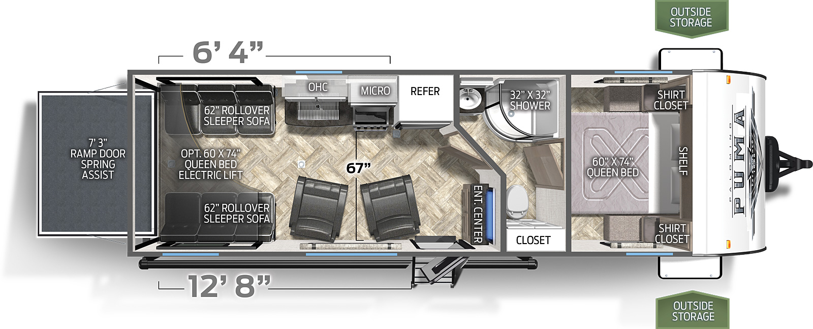 The 24FBC has no slide outs. Exterior features include an 18 foot awning. Interior layout from the front to back: front bedroom with a queen bed; pass through full bathroom; entertainment center; two swivel chair rockers; kitchen with refrigerator, microwave and cooktop stove; two roll-over sofas; optional queen bed electric lift system; ramp door.
