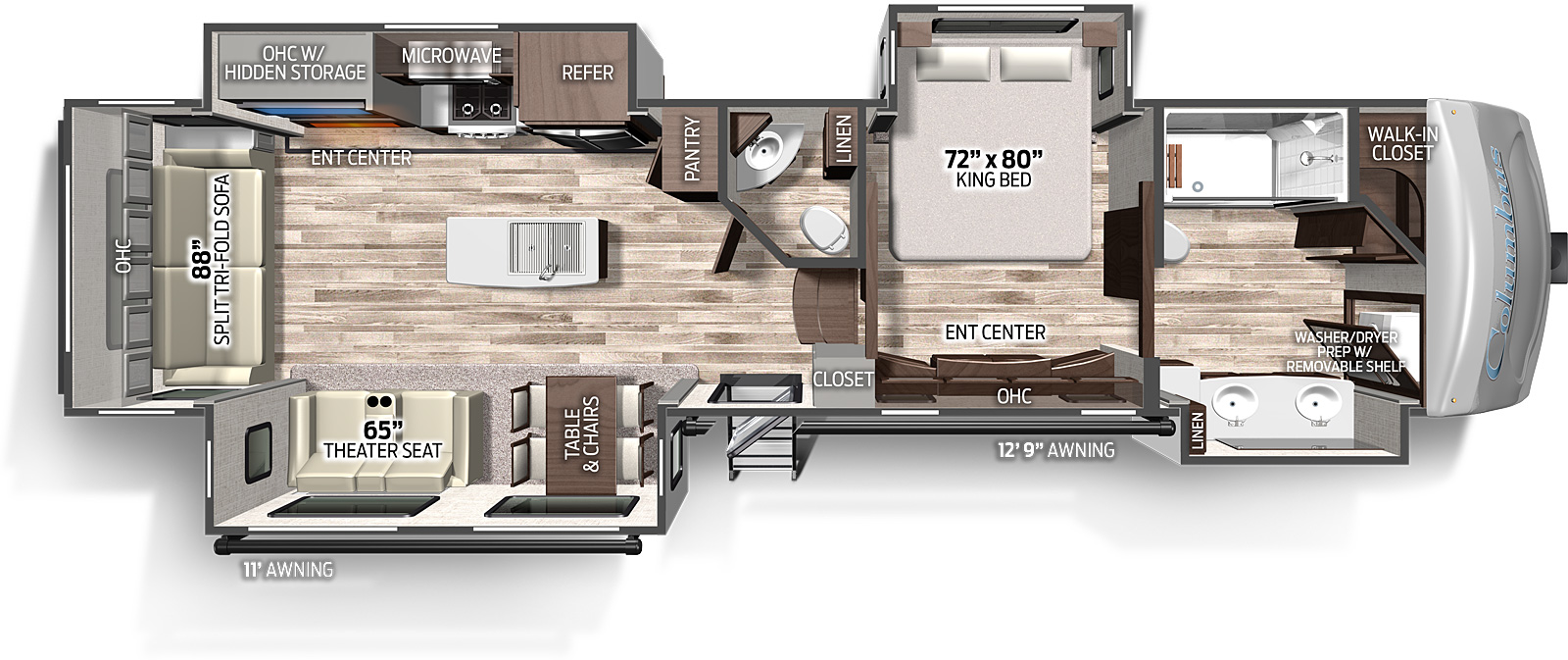 The 383FB has 4 slide outs, 2 on the road side and two on the camp side, along with one entry door on the camp side. Interior layout from front to back: front bathroom with walk in closet and two sinks and cabinets in the camp side slide out, bedroom with king size bed in the road side slide out, half bath, kitchen dining, living area with the road side slide out containing residential refrigerator, cooktop with oven and overhead microwave, TV entertainment area; The camp side slide out containing freestanding table and chairs and theater seating. 