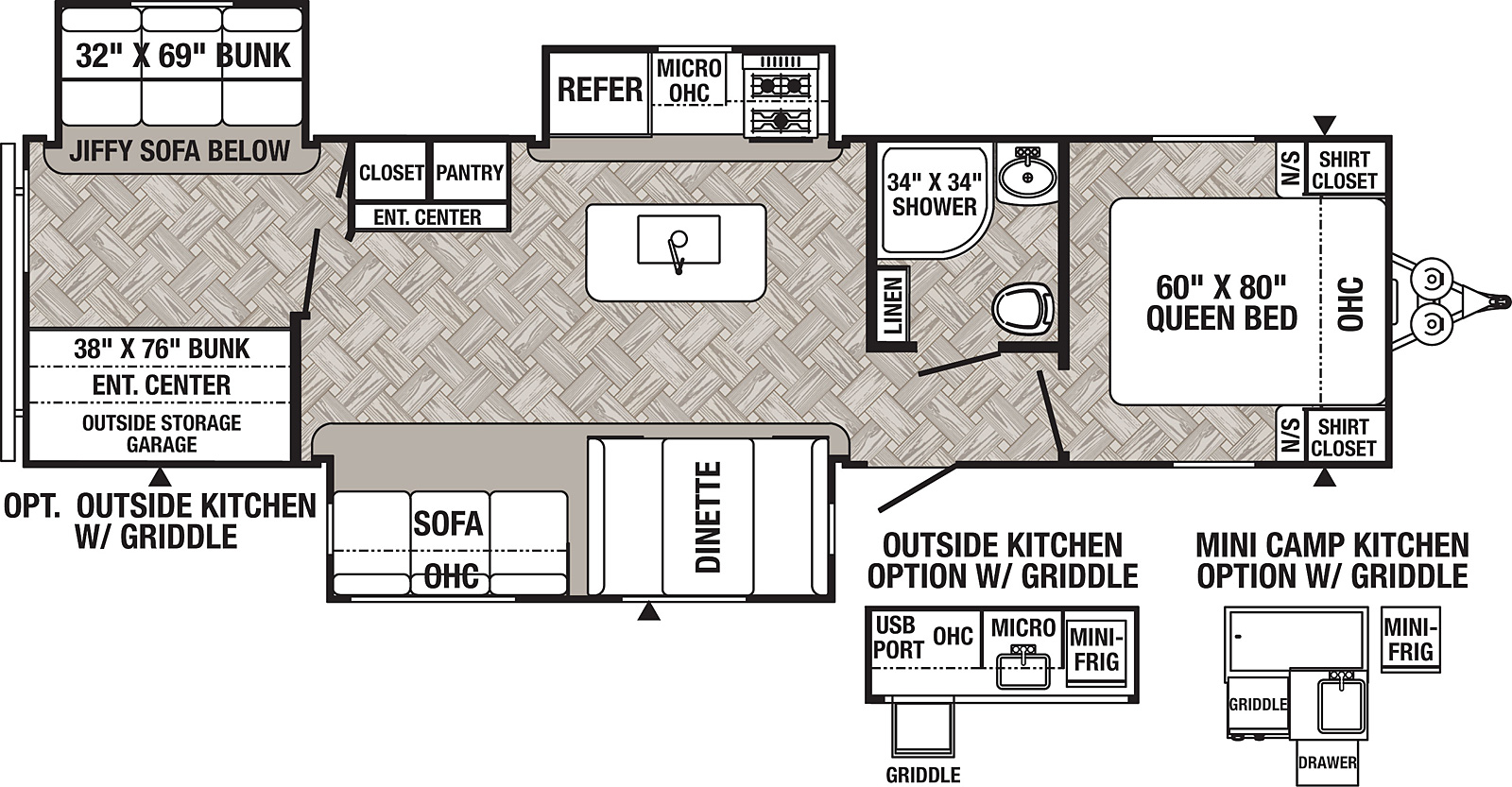 The 32BHKS has three slide outs. Two on the off door side and one door side. Exterior features include a 19 foot awning and an outside kitchen with griddle. Interior layout from front to back: front bedroom with queen bed; full bathroom; door side slide out containing a booth dinette and a three cushion sofa; island with sink; second slide out containing kitchen with a cooktop stove, microwave and refrigerator; pantry; entertainment center; bunk house with third slide out containing a fold down bunk and a fold down sofa, second bunk bed.
