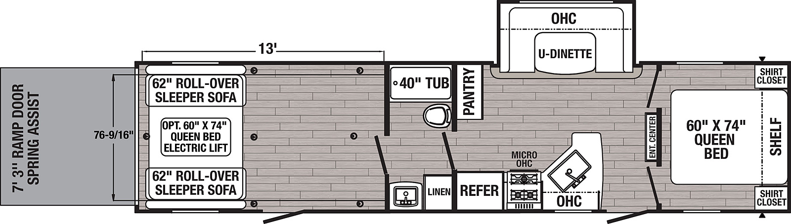 The 29TSS has one slide out on the off door side. Exterior features include a 21 foot awning and two entry doors. Interior layout from the front to back: front bedroom with a queen bed; entertainment center; slide out containing a U-dinette; kitchen with microwave, cooktop stove and refrigerator; pantry; pass through full bathroom; cargo area with two roll-over sleeper sofas; optional queen bed electric lift system; ramp door.