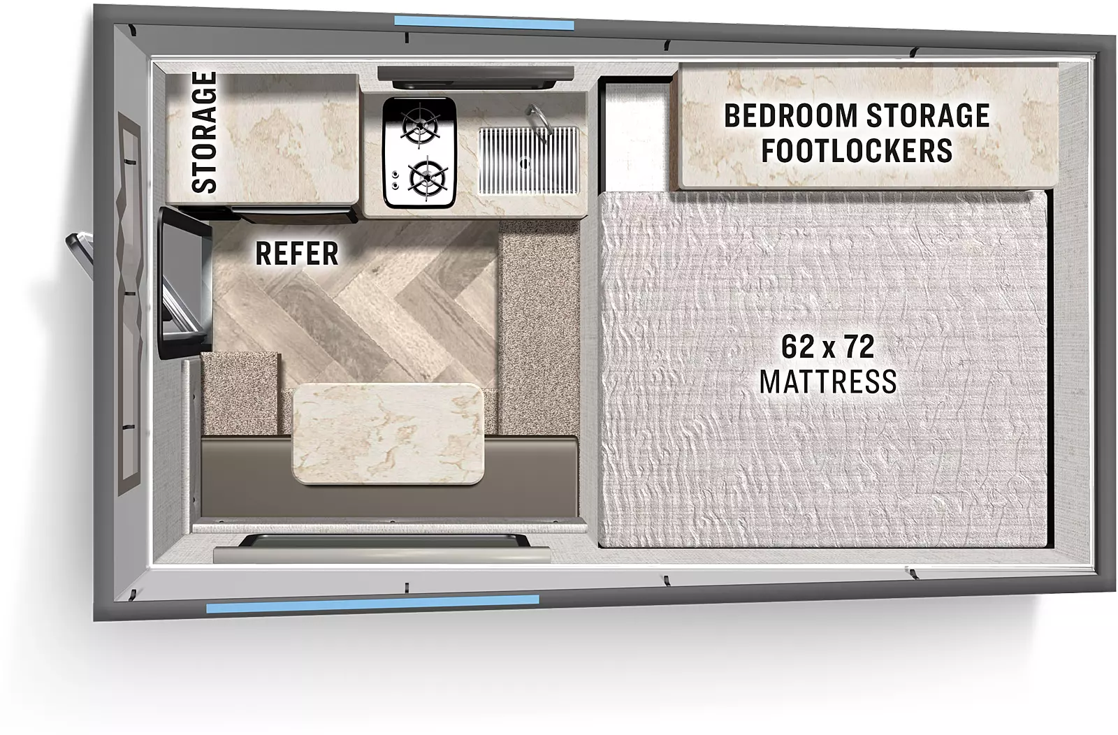 The EA-1 has no slide outs. Interior layout from front to back includes a 62x72 Mattress and bedroom storage footlocker; step down from front; camp side with seating with table; off-camp side sink, cooktop, refrigerator and storage. Rear entry door.