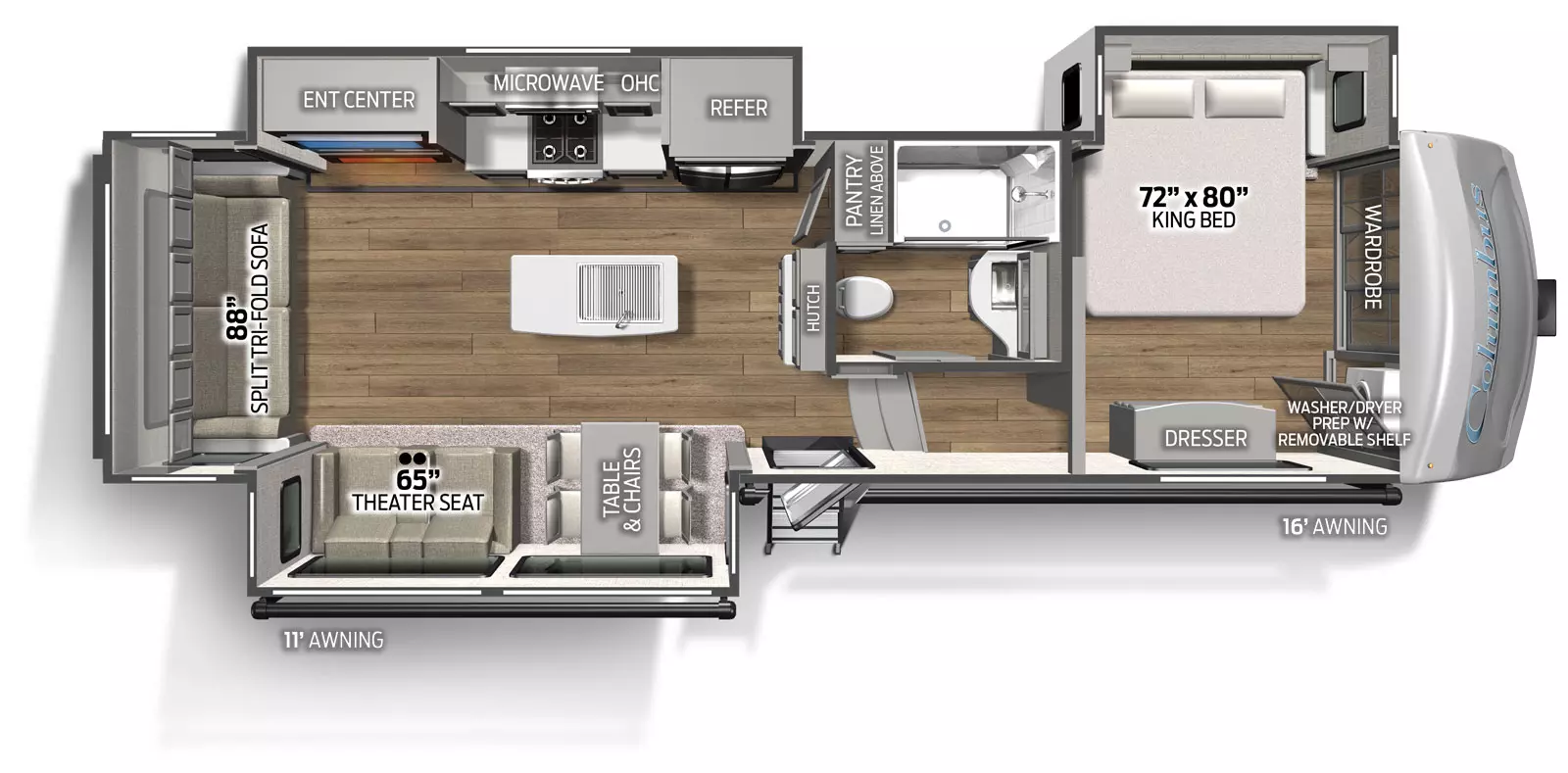 The 299RL has 3 slide outs, two on the road side and one on the camp side, along with one entry door on the camp side. Interior layout from front to back: front bedroom with king bed in the road side slide out; side aisle bathroom; kitchen living dining area with road side slide out containing cooktop and oven, overhead microwave, residential refrigerator, and TV entertainment area; the camp side slide containing freestanding table and chairs and theater seating; kitchen island with double basin sink. 