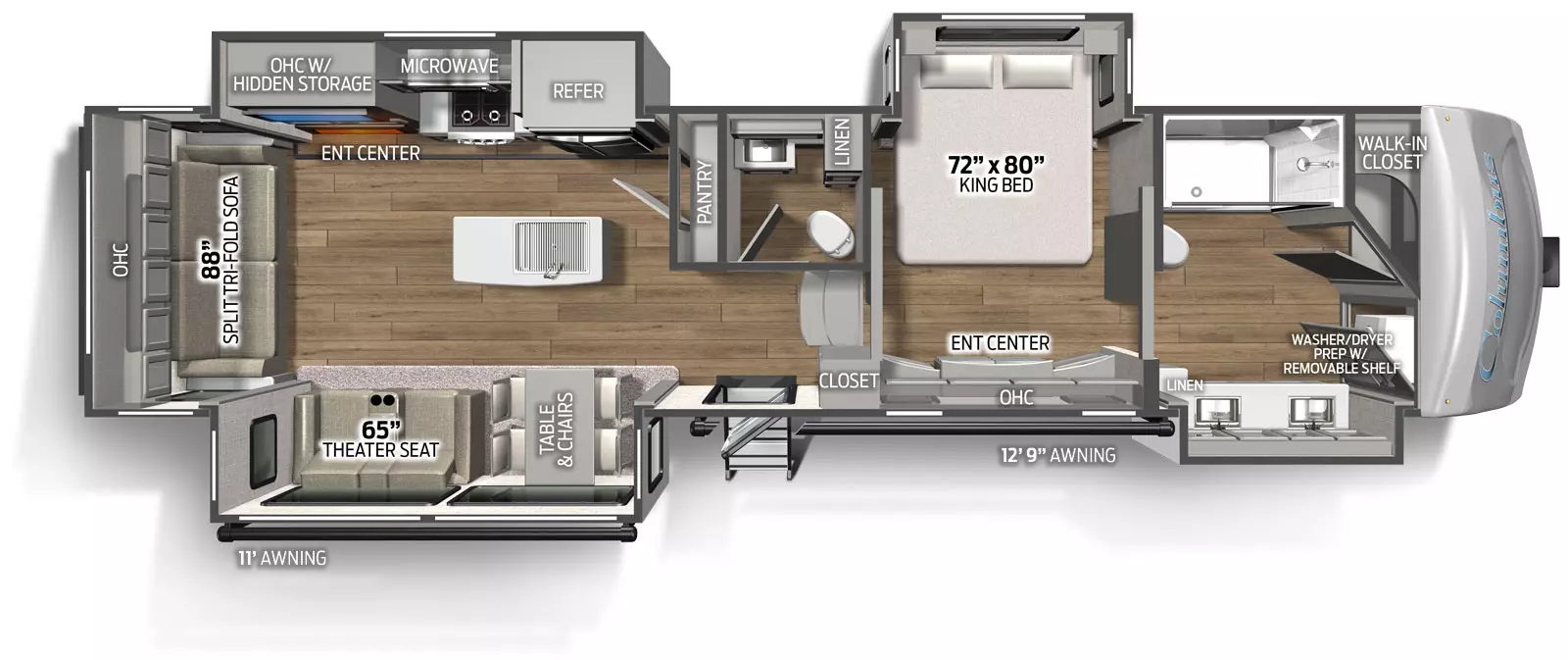 The 383FB has 4 slide outs, 2 on the road side and two on the camp side, along with one entry door on the camp side. Interior layout from front to back: front bathroom with walk in closet and two sinks and cabinets in the camp side slide out, bedroom with king size bed in the road side slide out, half bath, kitchen dining, living area with the road side slide out containing residential refrigerator, cooktop with oven and overhead microwave, TV entertainment area; The camp side slide out containing freestanding table and chairs and theater seating. 