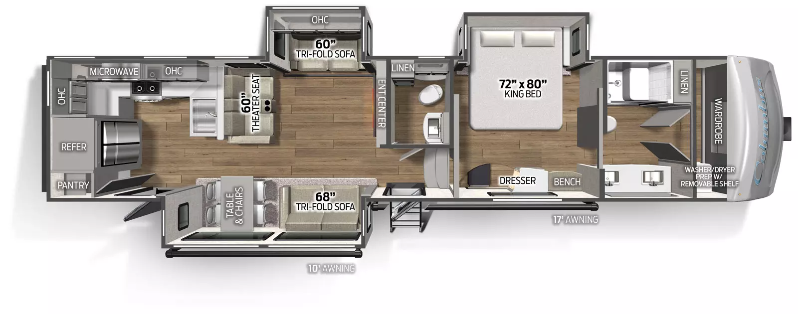 The 384RK has 3 slide outs, 2 on the road side and one on the camp side, along with two entry doors on the camp side. Interior layout from front to back: front bathroom with walk in closet and two sinks and cabinets, bedroom with king size bed in the road side slide out, half bath, living area with the road side slide out theater seating; TV entertainment area, The camp side slide out containing freestanding table and chairs; Rear Kitchen containing residential refrigerator, cooktop with oven and overhead microwave.
