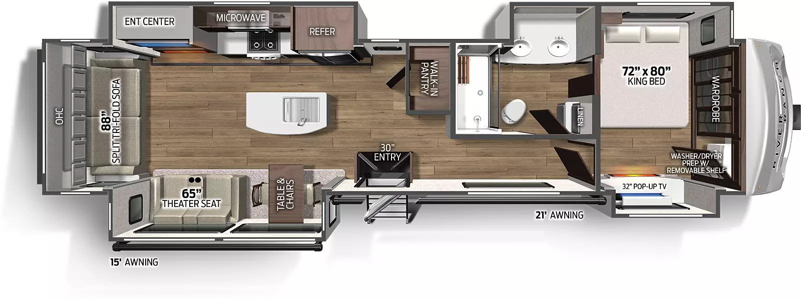 The 390RL has 3 slide outs, two on the road side and one on the camp side, along with one entry door on the camp side. Interior layout from front to back: front bedroom with king bed in the road side slide out; side aisle bathroom; kitchen living dining area with road side slide out containing cooktop and oven, overhead microwave, residential refrigerator, and TV entertainment area; the camp side slide containing freestanding table and chairs and theater seating; kitchen island with double basin sink.