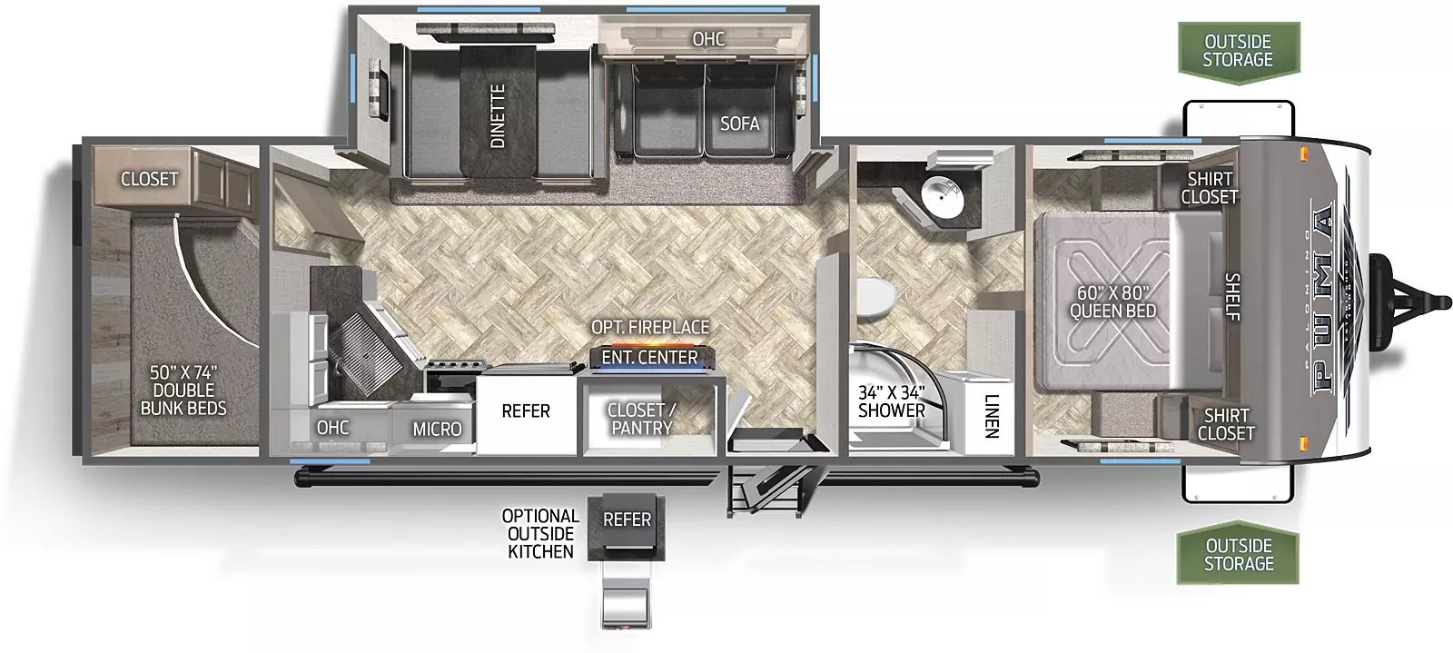 The 28BHFQ has one slideout and one entry door. Exterior features include front outside storage. Interior layout front to back: queen bed with shelf above and shirt closets on each side; split full bathroom with sink on off-door side, and linen closet, toilet and shower on door side; off-door side slideout with sofa, overhead cabinet and dinette; door side entry, closet/pantry behind an entertainment center with optional fireplace, refrigerator, cooktop stove, microwave, overhead cabinet and countertop with sink that wraps around the interior wall of rear bunk room; Rear bunk room with double bunk beds and closet.