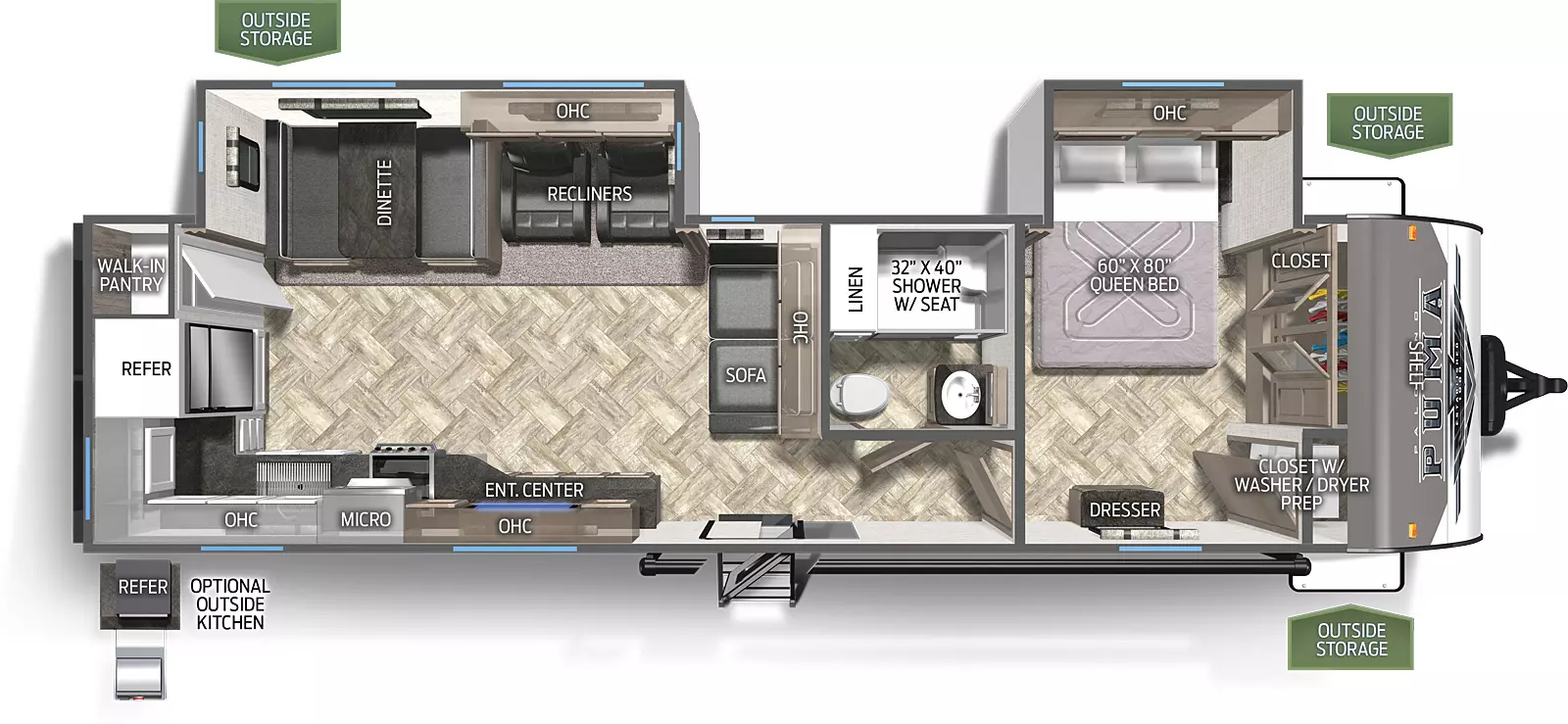 The 30RKQS has two slide outs on the off door side. Exterior features include a 21 foot awning on the door side along with a micro outside kitchen with griddle. Interior layout from front to back: front bedroom with slide out containing a queen bed; bedroom has a large closet and washer/dryer prep; leads out to bathroom on the right; three cushion sofa; slide out containing two recliners and a booth dinette; entertainment center; rear kitchen with a cooktop stove, microwave, residential refrigerator and a walk in pantry.