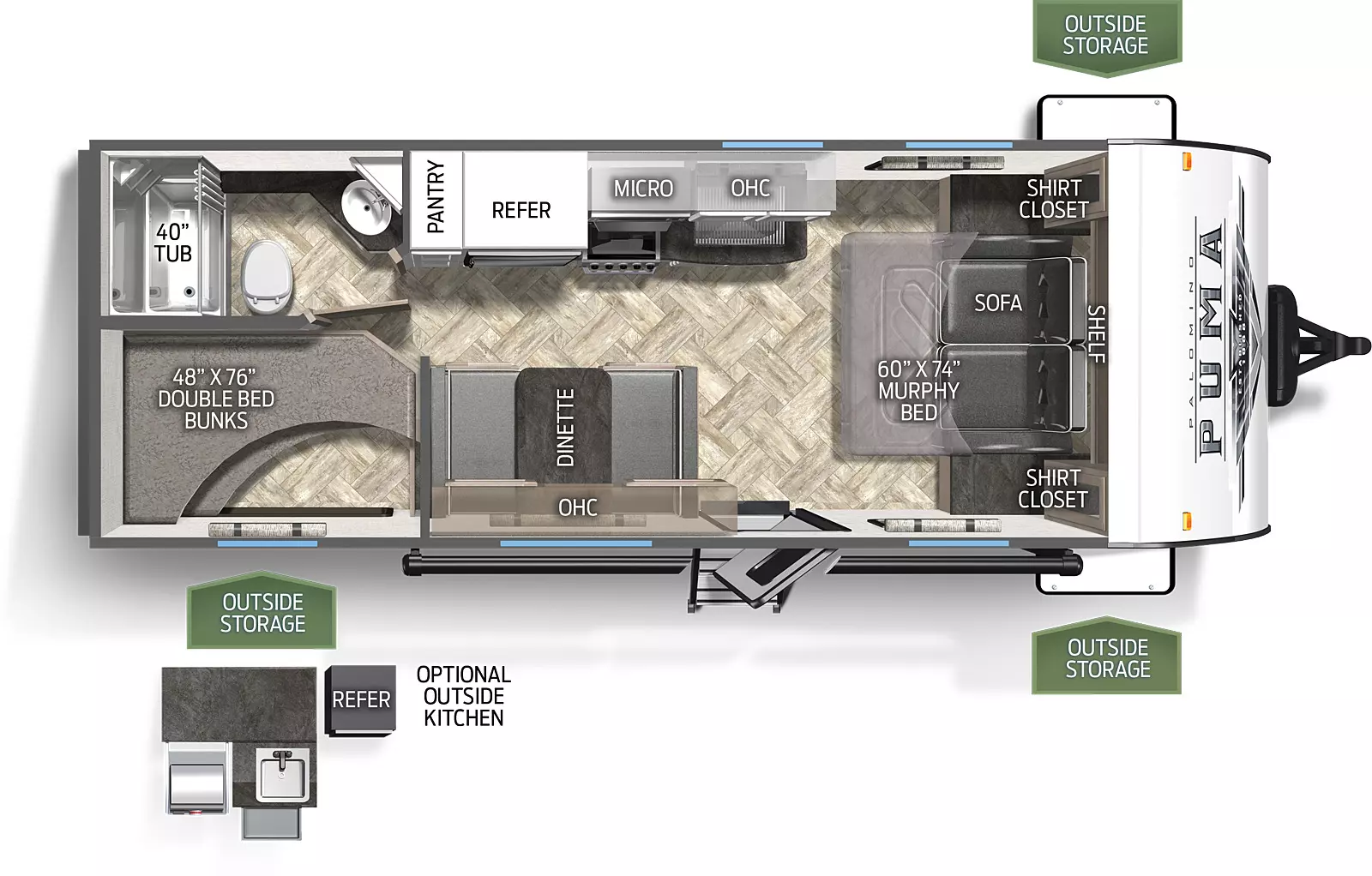 The 20MBC has no slide outs. Exterior features include a 14 foot awning and a mini camp kitchen with griddle. Interior layout from the front to back: sofa/murphy bed, two end tables; booth dinette; kitchen with microwave, cooktop stove, refrigerator and pantry; full bathroom; double stacked bunk beds.
