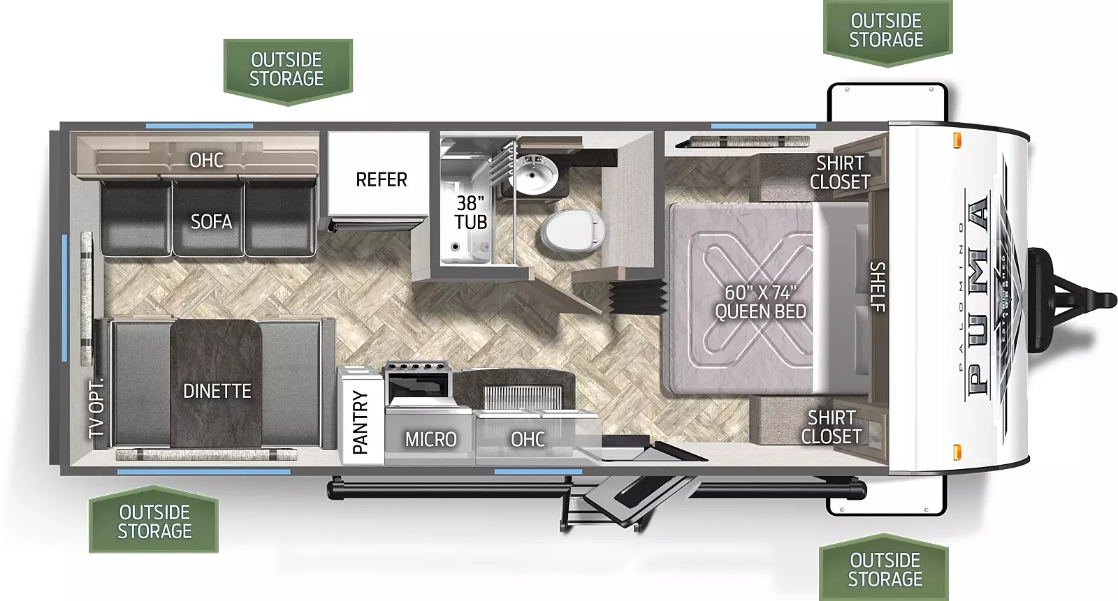 The 20RLC has no slide outs. Exterior features include a 10 foot awning. Interior layout from the front to back: queen bed with two shirt closets; full bathroom; kitchen with microwave, cooktop stove and pantry; refrigerator on the off door side; sofa; booth dinette.
