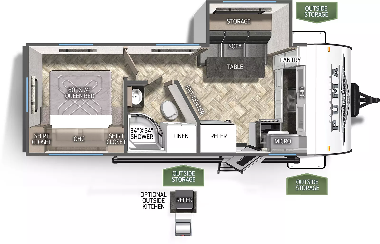 The 22FKC has one slide out on the off door side. Exterior features include an 18 foot awning and a micro outside kitchen. Interior layout from the front to back: front kitchen with pantry, microwave, cooktop stove and refrigerator; off door slide out contains a sofa and table with storage behind; entertainment center; full bathroom; bedroom with a queen bed.
