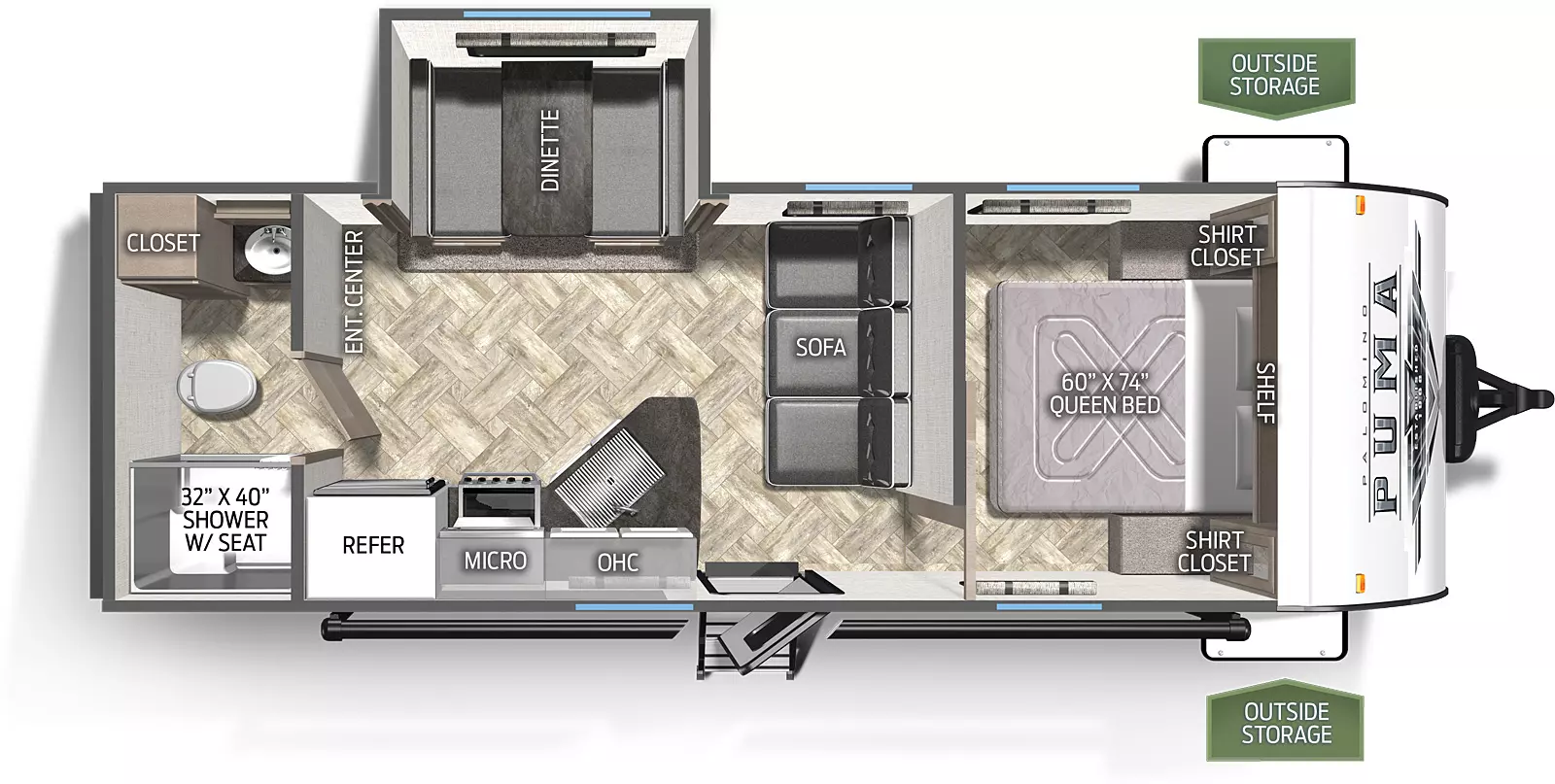 The 24FBSC has one slide out on the off door side. Exterior features include a 16 foot awning. Interior layout from the front to back: front bedroom with queen bed; sliding door out to three cushion sofa; kitchen with microwave, cooktop stove and refrigerator; slide out containing a booth dinette; entertainment center; full bathroom with closet.
