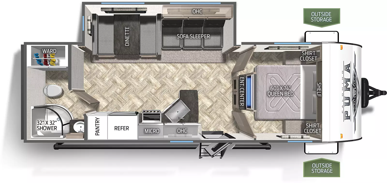 The 25RBSC has one slide out on the off door side. Exterior features include an 18 foot awning. Interior layout from the front to back: front bedroom with queen bed and double door entry; entertainment center; slide out containing a three cushion sofa and a booth dinette; kitchen with microwave, cooktop stove, refrigerator and pantry; full bathroom with wardrobe.
