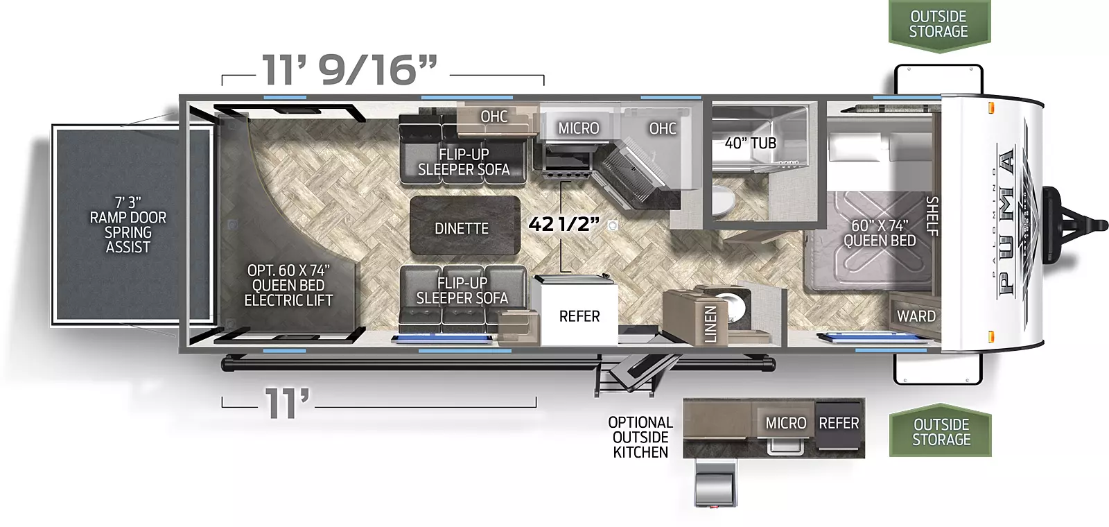 The 25TFC has no slide outs. Exterior features include a 14 foot awning and an outside kitchen with griddle. Interior layout from the front to back: queen bed; full bathroom; pantry; kitchen with microwave, cooktop stove and refrigerator; dinette with flip up sleeper sofas; queen bed electric lift system; ramp door.
