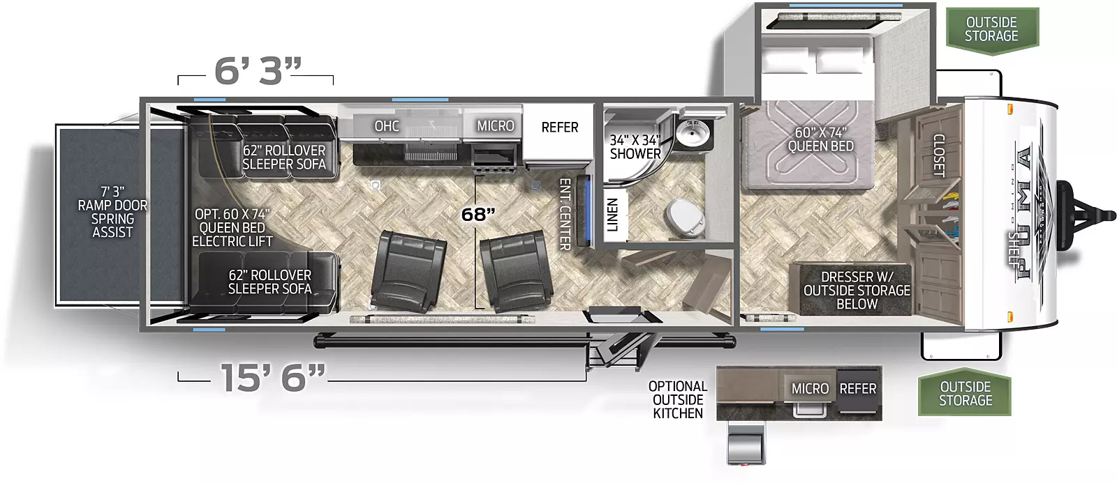 The 27TSB has one slide out on the off door side. Exterior features include a 21 foot awning and an outside kitchen with griddle. Interior layout from the front to back: front bedroom with a queen bed, closet and dresser; full bathroom; entertainment center; kitchen with refrigerator, cooktop stove and microwave; two swivel rocker chairs; two roll-over sleeper sofas; optional queen bed electric lift system; ramp door.
