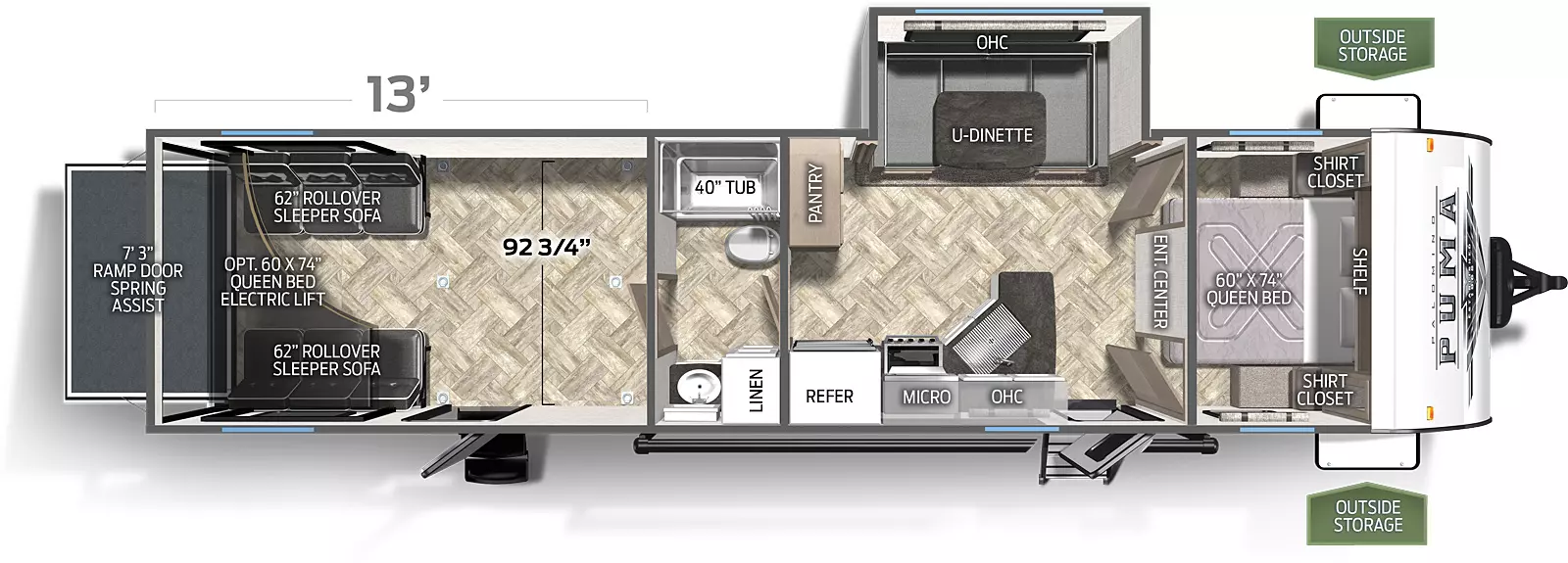The 29TSS has one slide out on the off door side. Exterior features include a 21 foot awning and two entry doors. Interior layout from the front to back: front bedroom with a queen bed; entertainment center; slide out containing a U-dinette; kitchen with microwave, cooktop stove and refrigerator; pantry; pass through full bathroom; cargo area with two roll-over sleeper sofas; optional queen bed electric lift system; ramp door.

