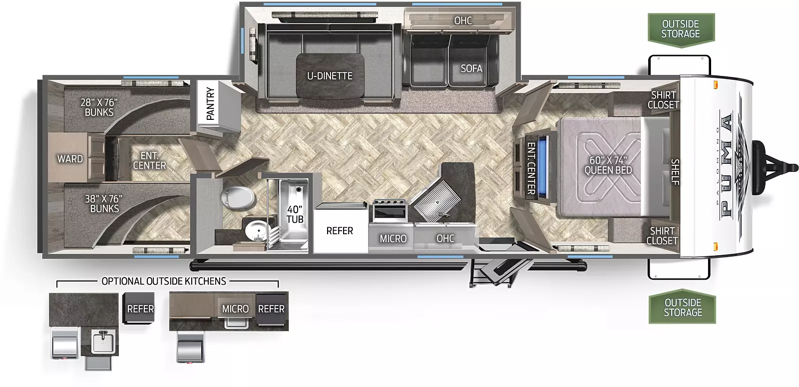 The 30DBSC has one slide out on the off door side. Exterior features include an 18 foot awning and an outside kitchen. Interior layout from the front to back: front bedroom with queen bed and double door entry; entertainment center; slide out containing a three cushion sofa and U-dinette; kitchen with microwave, cooktop stove, refrigerator and pantry; full bathroom; pantry; bunk house with four bunks and a wardrobe.
