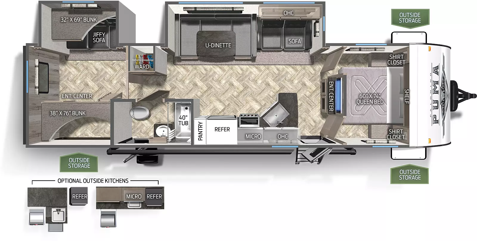 The 31BHSC has two slide outs on the off door side. Exterior features include a 21 foot awning, two entry doors and an outside kitchen with griddle. Interior layout from the front to back: front bedroom with a queen bed and double door entry; entertainment center; slide out containing three cushion sofa and U-dinette; kitchen with microwave, cooktop stove, refrigerator and pantry; full bathroom; wardrobe; sliding door into bunk house, slide out containing flip down bunk and fold down sofa, second bunk on top of entertainment center.
