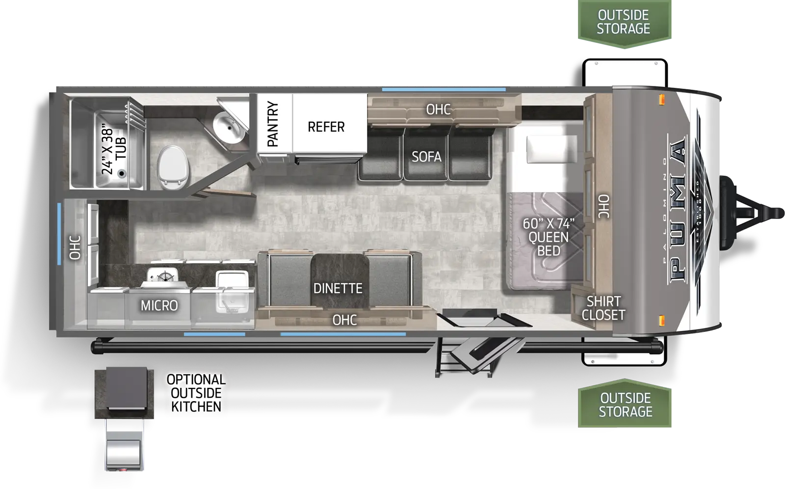 The 18RKX has zero slideouts and one entry. Exterior features front storage, awning, and optional outside kitchen. Interior layout front to back: side facing queen bed with overhead cabinet and shirt closet; off-door side sofa with overhead cabinet, refrigerator, and pantry; door side entry, dinette and overhead cabinet; rear off-door side full bathroom; rear door side kitchen with sink, overhead cabinet, microwave, cooktop, and countertop that wraps to the rear with more overhead cabinet space.