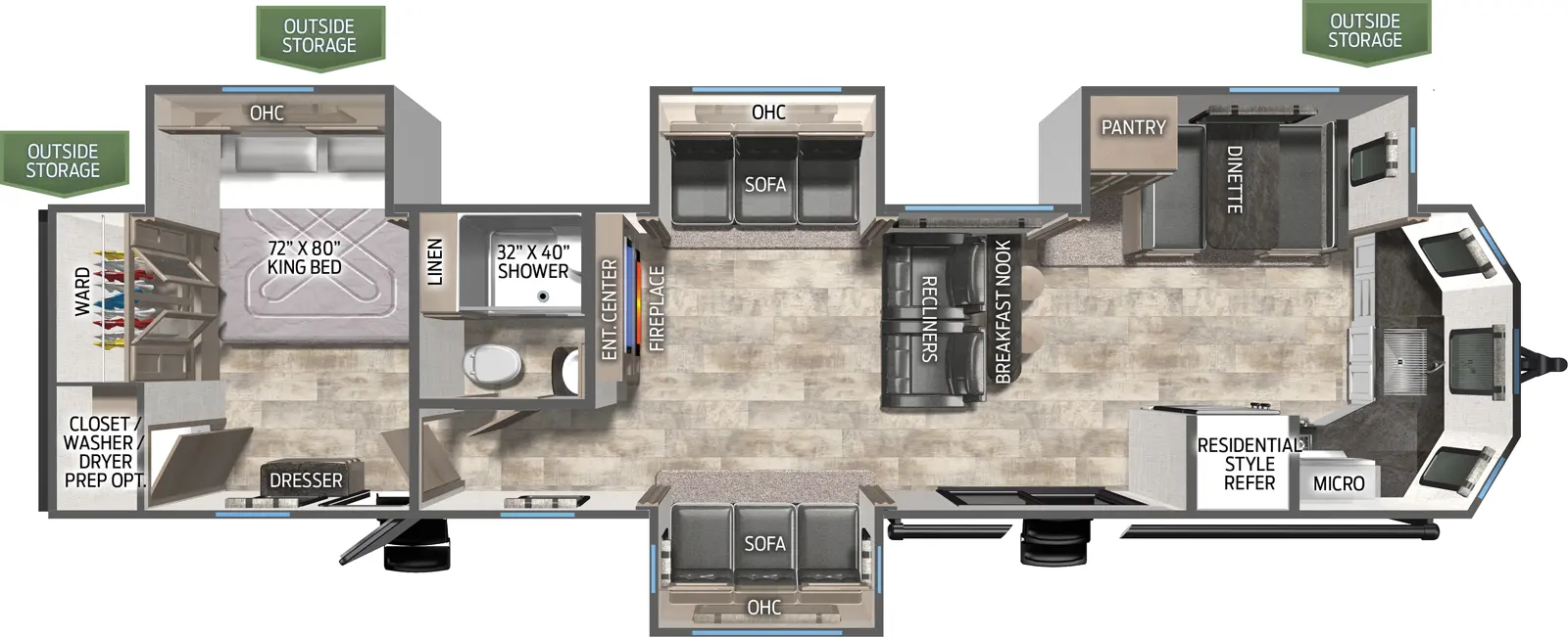 The 39FKL has four slideouts and two entries. Exterior features outside storage. Interior layout front to back: kitchen counter with sink wraps around the front alcove to the door side with microwave, cooktop, residential style refrigerator, and sliding door patio entry; off-door side slideout with dinette and pantry; breakfast nook seating; mid living room with opposing sofa slideouts with overhead cabinets, two recliners in front of the breakfast nook with an entertainment center with fireplace on opposite inner wall; off-door side full bathroom with linen closet; rear bedroom with off-door side king bed slideout with overhead cabinet, rear  wardrobe and closet with washer/dryer prep option, and door side dresser and entry door.