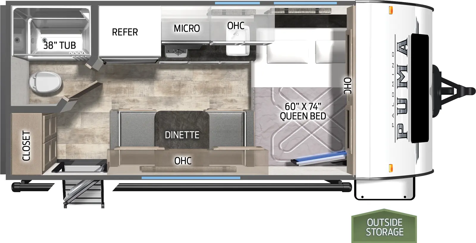 The 12FBX has no slide outs. Exterior features include a 10 foot awning. Interior layout from the front to back: queen bed with end table; booth dinette; kitchen with cooktop and refrigerator; full bathroom; closet.
