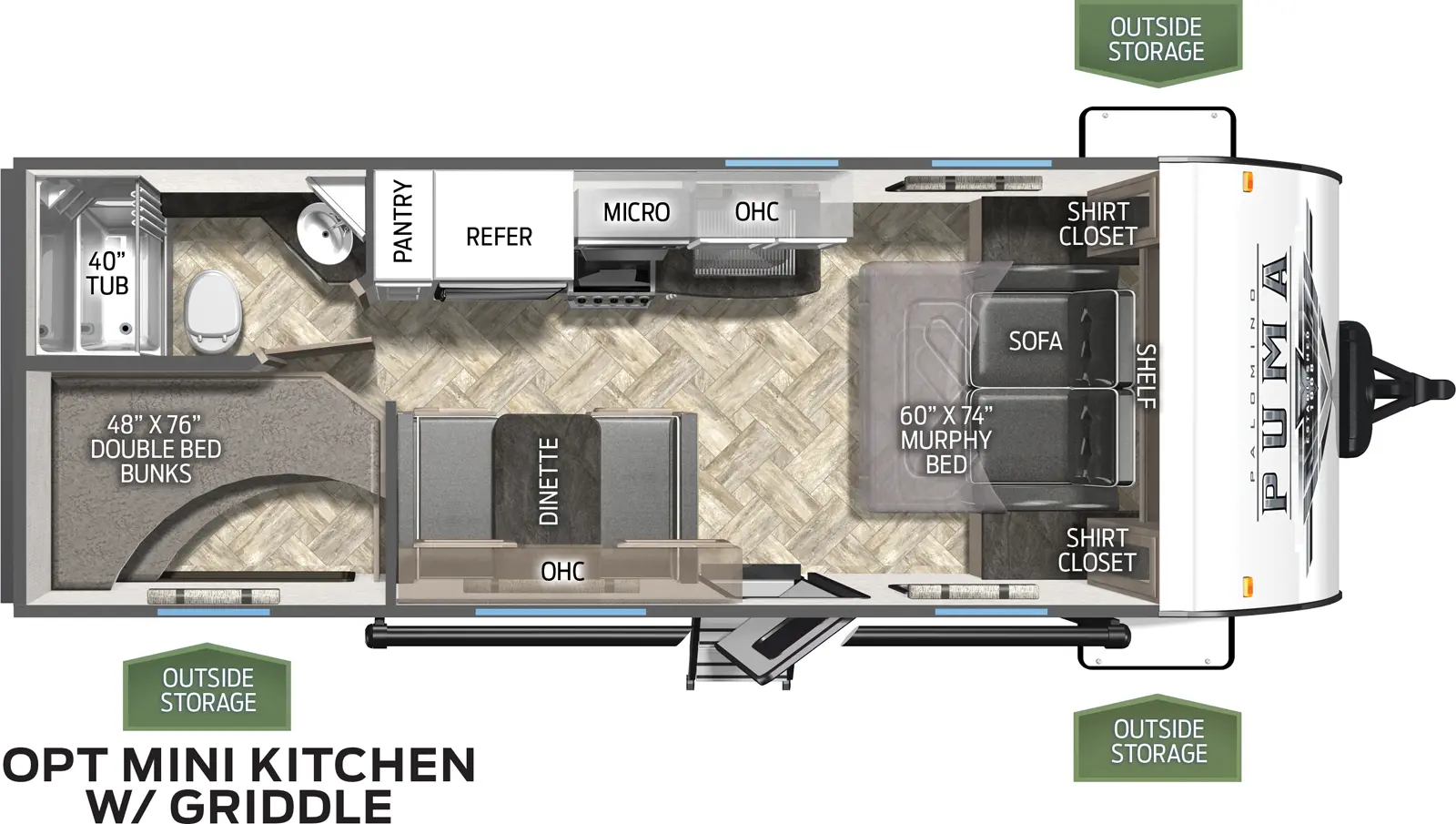 The 20MBC has no slide outs. Exterior features include a 14 foot awning and a mini camp kitchen with griddle. Interior layout from the front to back: sofa/murphy bed, two end tables; booth dinette; kitchen with microwave, cooktop stove, refrigerator and pantry; full bathroom; double stacked bunk beds.