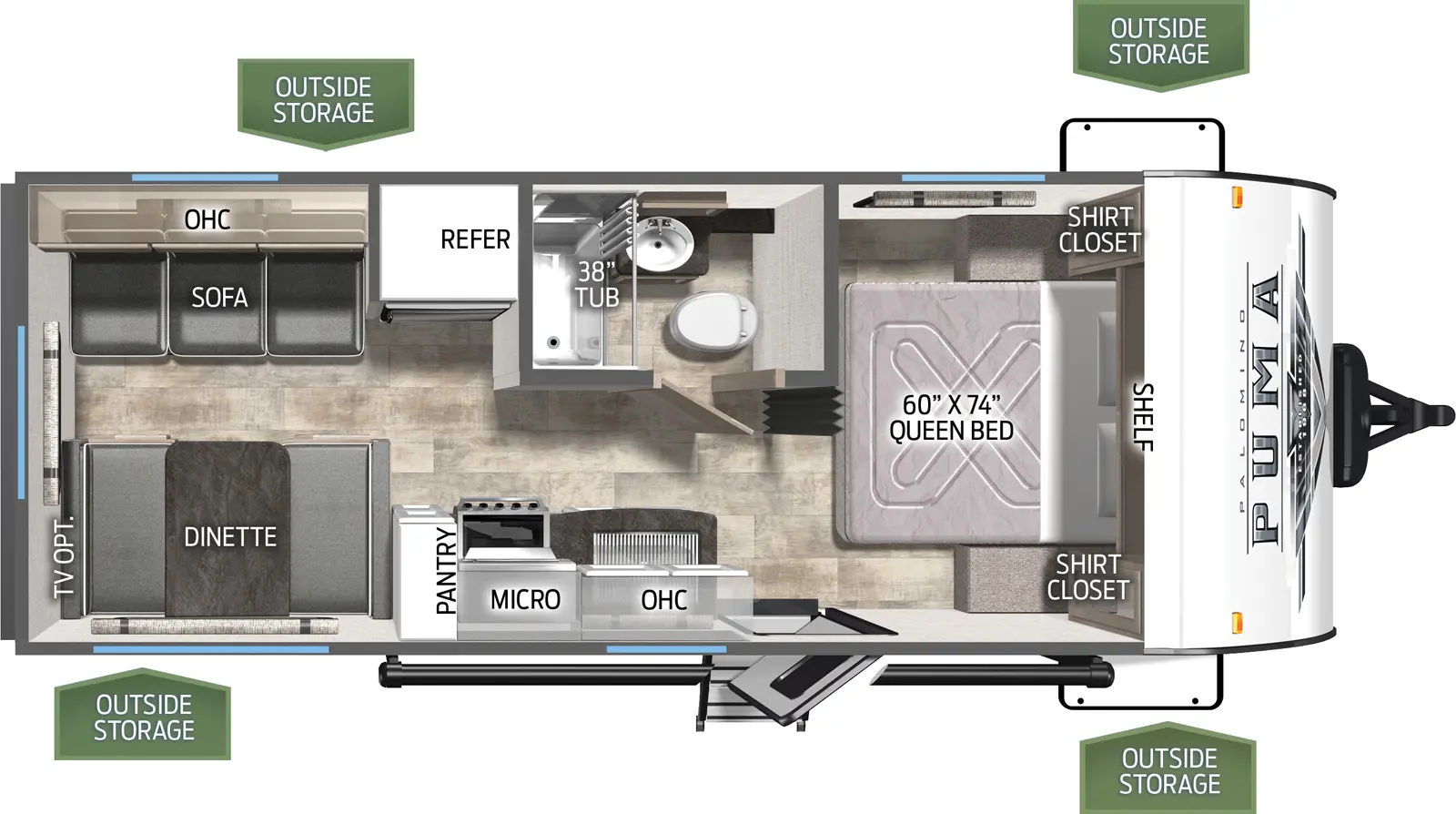 The 20RLX has no slide outs. Exterior features include a 10 foot awning. Interior layout from the front to back: queen bed with two shirt closets; full bathroom; kitchen with microwave, cooktop stove and pantry; refrigerator on the off door side; sofa; booth dinette.
