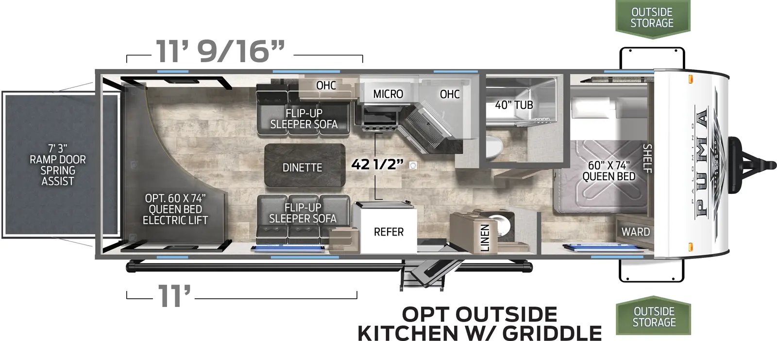 The 25TH has no slide outs. Exterior features include a 14 foot awning and an outside kitchen with griddle. Interior layout from the front to back: queen bed; full bathroom; pantry; kitchen with microwave, cooktop stove and refrigerator; dinette with flip up sleeper sofas; queen bed electric lift system; ramp door.