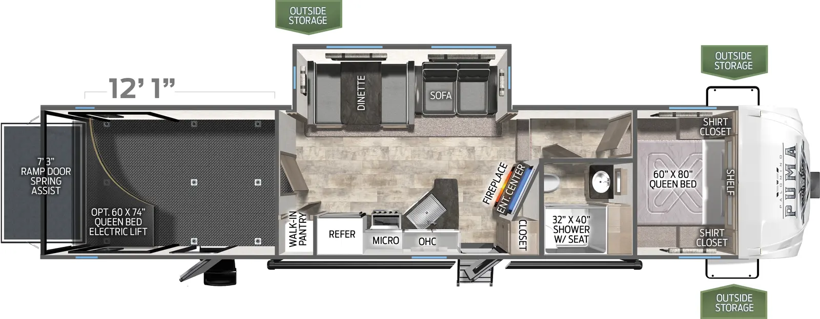 The 382THS has one slide out on the off door side. Exterior features include a 21 foot awning and two entry doors. Interior layout from the front to back: front bedroom with queen bed; full bathroom; entertainment center and closet; kitchen and living area; slide out contains three cushion sofa and a booth dinette; kitchen contains a microwave, cooktop stove, refrigerator and a walk in pantry; cargo area includes two queen bunk bed electrical systems; ramp door.
