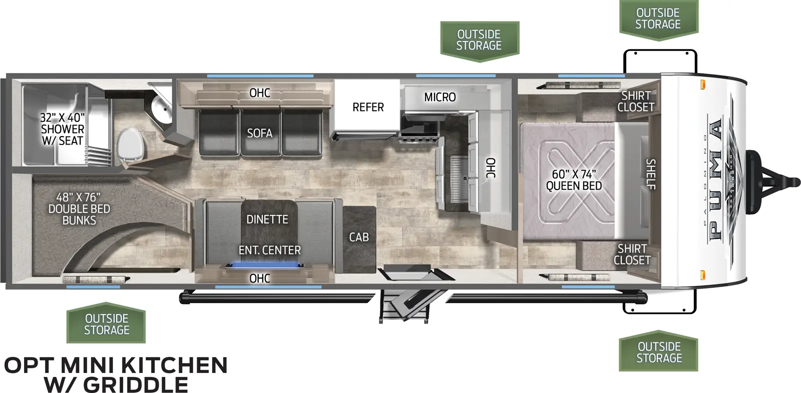 The 23BHQ has zero slideouts and one entry. Exterior features outside storage. Interior layout front to back: foot-facing queen bed with shelf above, and shirt closets on each side; kitchen counter and overhead cabinet wrap from inner wall to off-door side with microwave, cooktop and refrigerator; door side entry, cabinet, and dinette with overhead cabinet and entertainment center; rear off-door side full bathroom with shower with seat; rear door side double bed bunks.