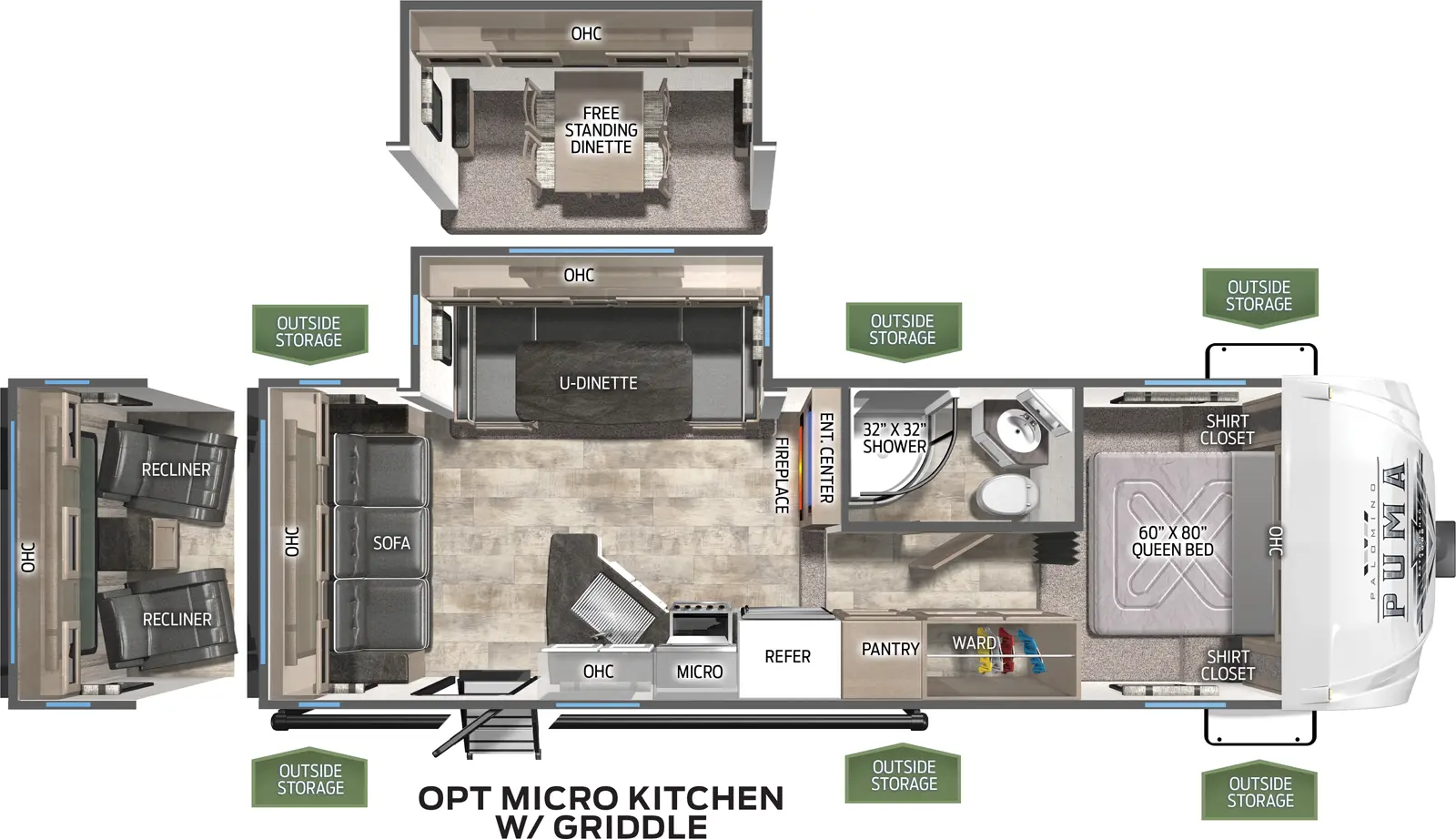 The 253FBS has one slide out on the off door side. Exterior features include a 17 foot awning and a micro outside kitchen. Interior layout from the front to the back: front bedroom with queen bed; wardrobe and pantry; full bathroom; steps into living and kitchen area; slide out containing a U-dinette, optional table and chairs; kitchen contains refrigerator, microwave and cooktop stove; three cushion sofa, optional recliners.
