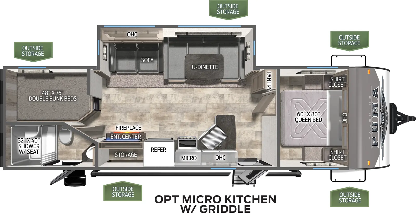 The 28DBFQ has one slide out on the off door side. Exterior features include a 21 foot awning on the door side along with two exterior doors and a micro outside kitchen with griddle. Interior layout from front to back: front bedroom with queen bed; leads out into kitchen and living area with a pantry, L-shaped countertop, microwave, residential refrigerator, and a cooktop stove; across is the slide out containing a U-dinette and a three cushion sofa; across is the entertainment center; bathroom; double stacked bunk beds with storage underneath.
