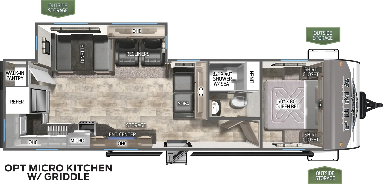 The 28RKQS has one slide out on the off door side. Exterior features include a 21 foot awning on the door side along with two exterior doors and a micro outside kitchen with griddle. Interior layout from front to back: front bedroom with queen bed; leads out to bathroom on the right; three cushion sofa; slide out containing two recliners and a booth dinette; entertainment center; rear kitchen with a cooktop stove, microwave, residential refrigerator and a walk in pantry.