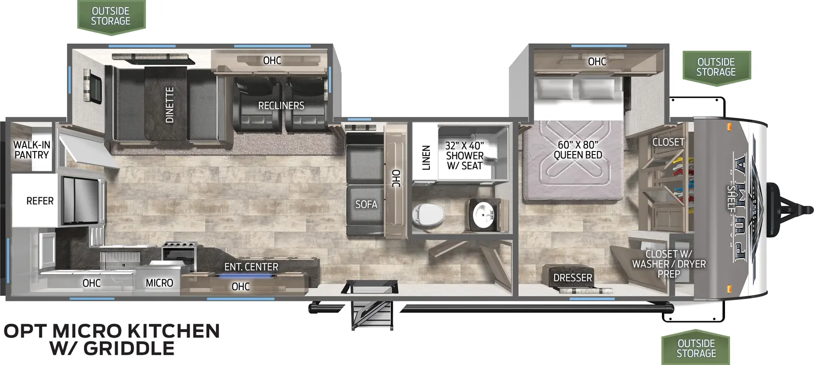 The 30RKQS has two slide outs on the off door side. Exterior features include a 21 foot awning on the door side along with a micro outside kitchen with griddle. Interior layout from front to back: front bedroom with slide out containing a queen bed; bedroom has a large closet and washer/dryer prep; leads out to bathroom on the right; three cushion sofa; slide out containing two recliners and a booth dinette; entertainment center; rear kitchen with a cooktop stove, microwave, residential refrigerator and a walk in pantry.