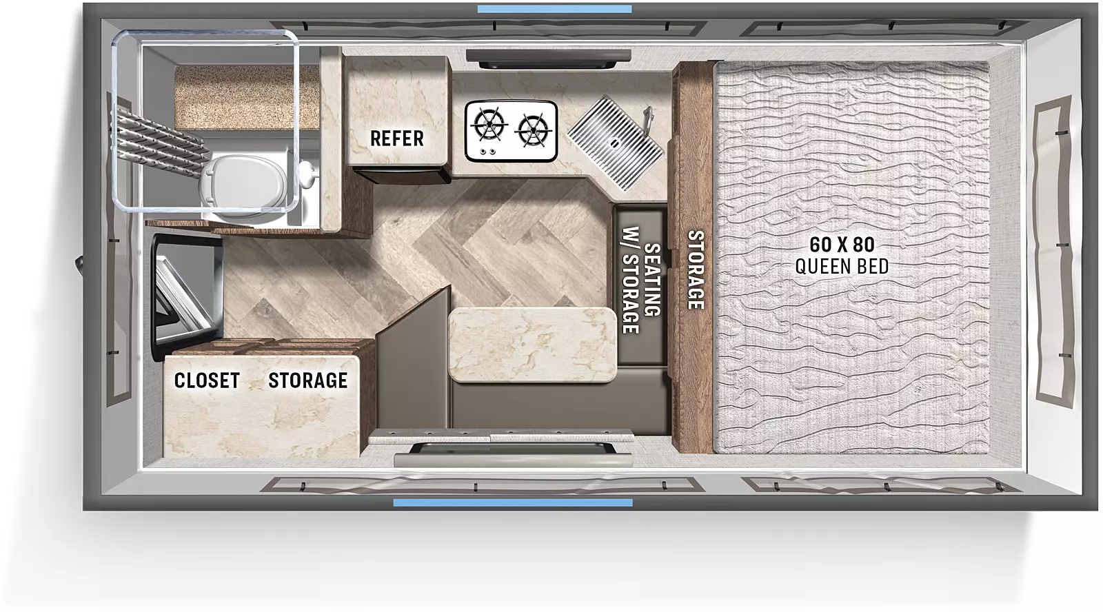 The Backpack SS-1500 includes a rear entry door, toilet and shower, a refrigerator, a cooktop and sink, a step up to the bedroom; bedroom includes a 60 x 80 queen bed; the kitchen includes a dinette booth with table and storage underneath seating, a closet with storage and LP tank. 