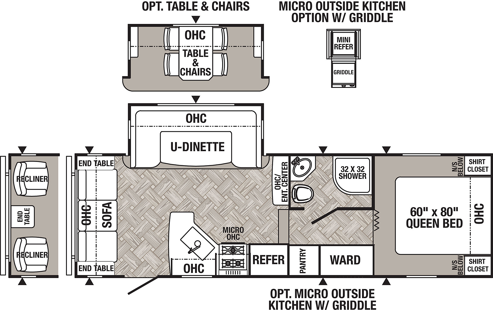 The 253FBS has one slide out on the off door side. Exterior features include a 17 foot awning and a micro outside kitchen. Interior layout from the front to the back: front bedroom with queen bed; wardrobe and pantry; full bathroom; steps into living and kitchen area; slide out containing a U-dinette, optional table and chairs; kitchen contains refrigerator, microwave and cooktop stove; three cushion sofa, optional recliners.