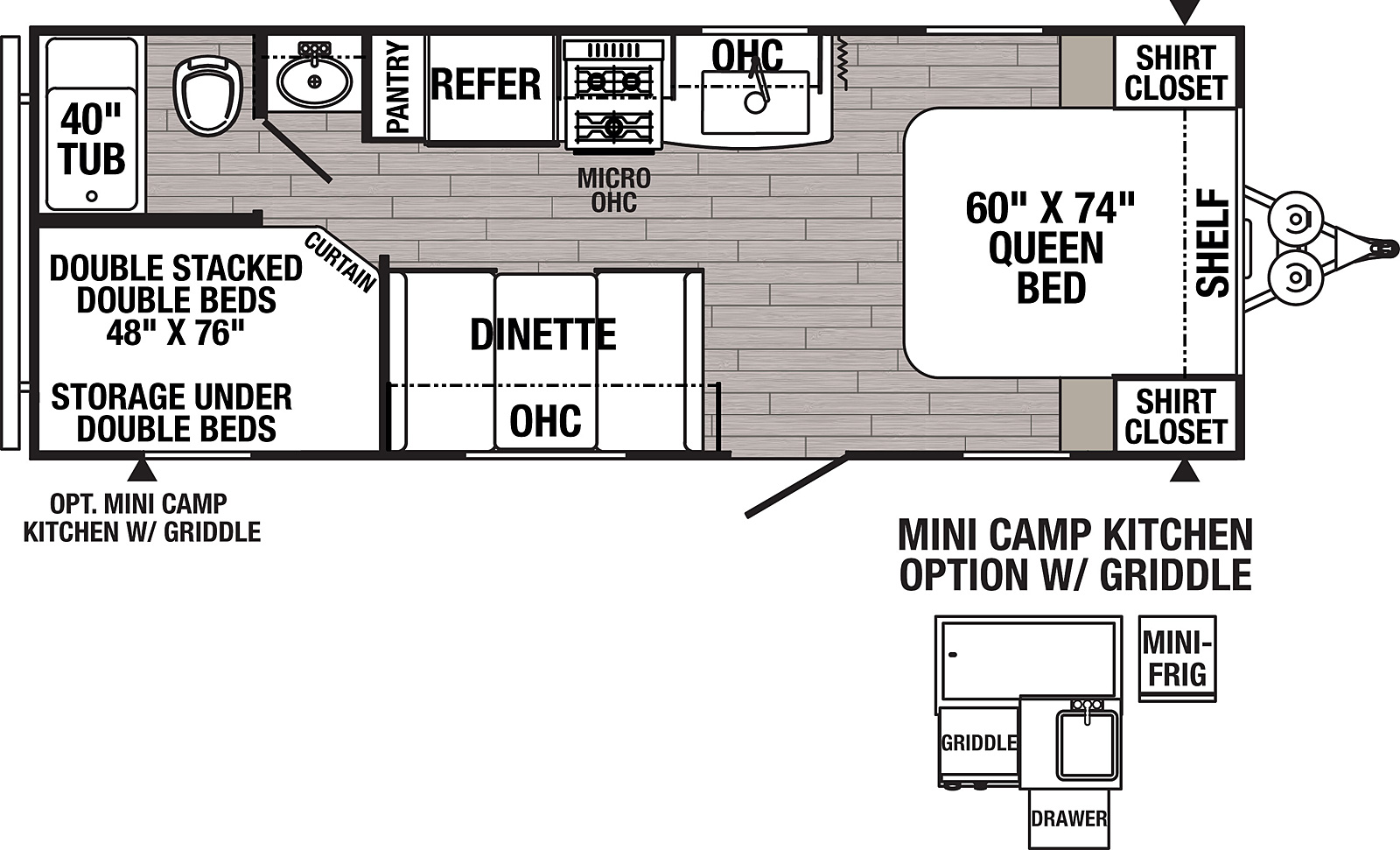 The 22RBC has no slide outs. Exterior features include a 10 foot awning and a mini camp kitchen with griddle. Interior layout from the front to back: queen bed with two shirt closets; kitchen with microwave, cooktop stove, refrigerator and pantry; booth dinette; full bathroom; double stacked bunk beds.
