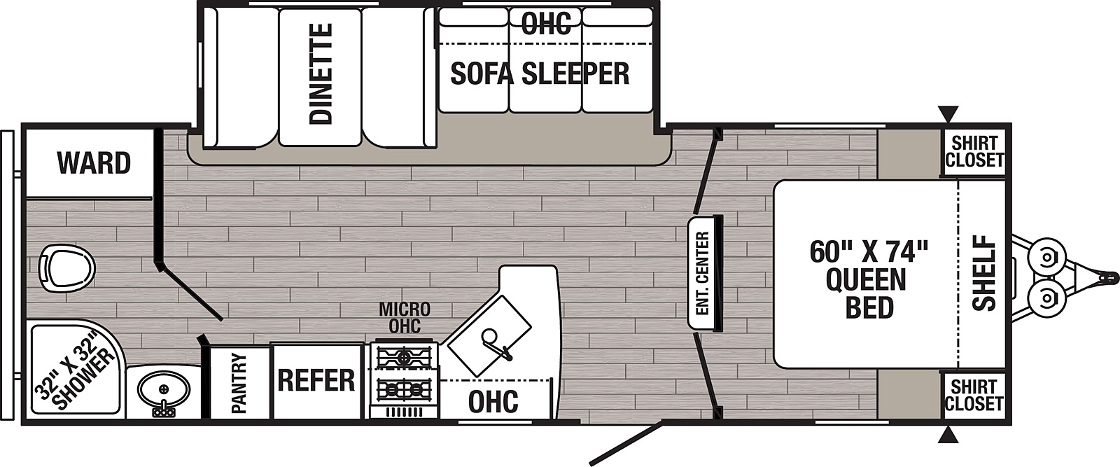 The 25RBSC has one slide out on the off door side. Exterior features include an 18 foot awning. Interior layout from the front to back: front bedroom with queen bed and double door entry; entertainment center; slide out containing a three cushion sofa and a booth dinette; kitchen with microwave, cooktop stove, refrigerator and pantry; full bathroom with wardrobe.