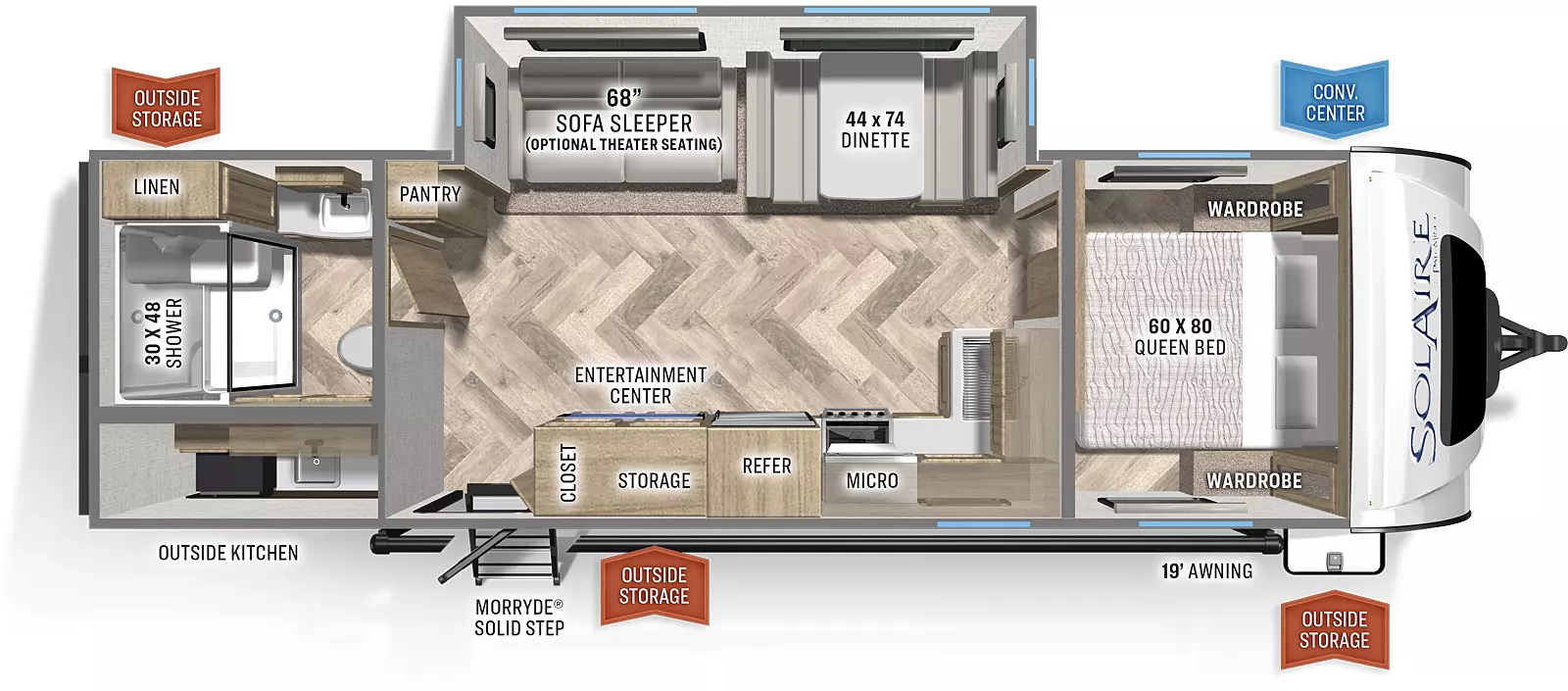 The SolAire Ultra Lite 258RBSS includes an entry door on the camp side, one slideout on roadside, and an outside kitchen with refrigerator; inside is a bathroom with a toilet, a 30 x 48 shower with seat, and a sink; the dining area includes a 68" theater sofa sleep and a 44 x 74 dinette booth; the bedroom area includes 2 wardrobes on either side of the 70 x 80 king bed; the kitchen includes a sink with overhead storage, a stove and cooktop with an overhead microwave, a refrigerator, and an entertainment center with closet and storage. 