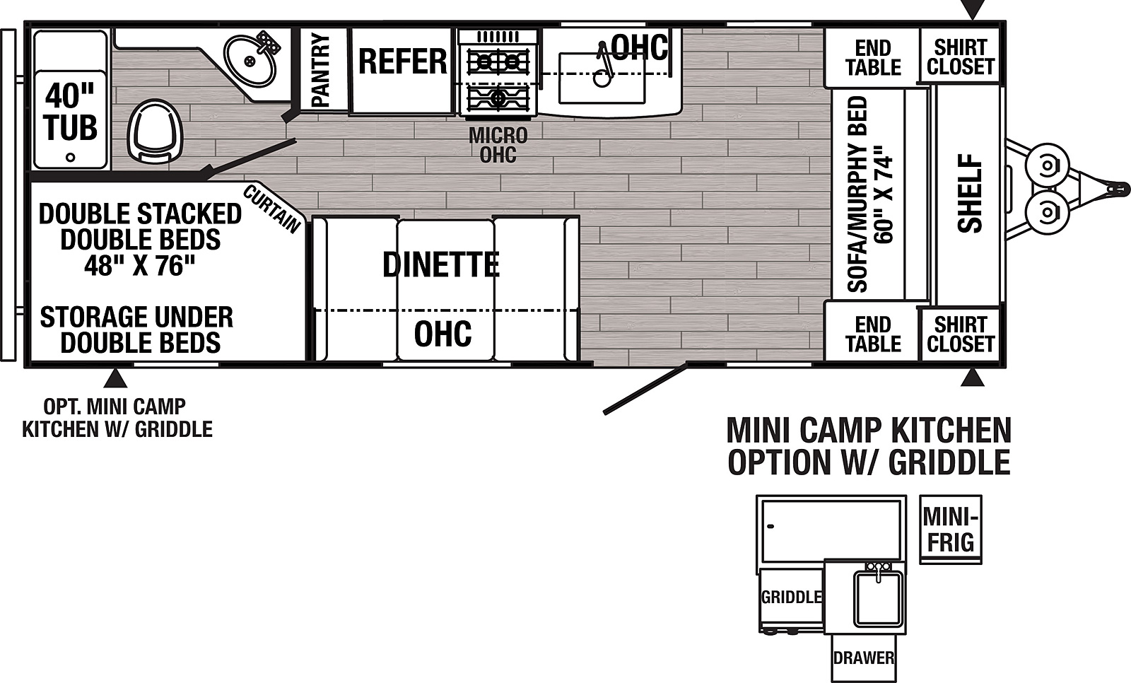 The 20MBC has no slide outs. Exterior features include a 14 foot awning and a mini camp kitchen with griddle. Interior layout from the front to back: sofa/murphy bed, two end tables; booth dinette; kitchen with microwave, cooktop stove, refrigerator and pantry; full bathroom; double stacked bunk beds.