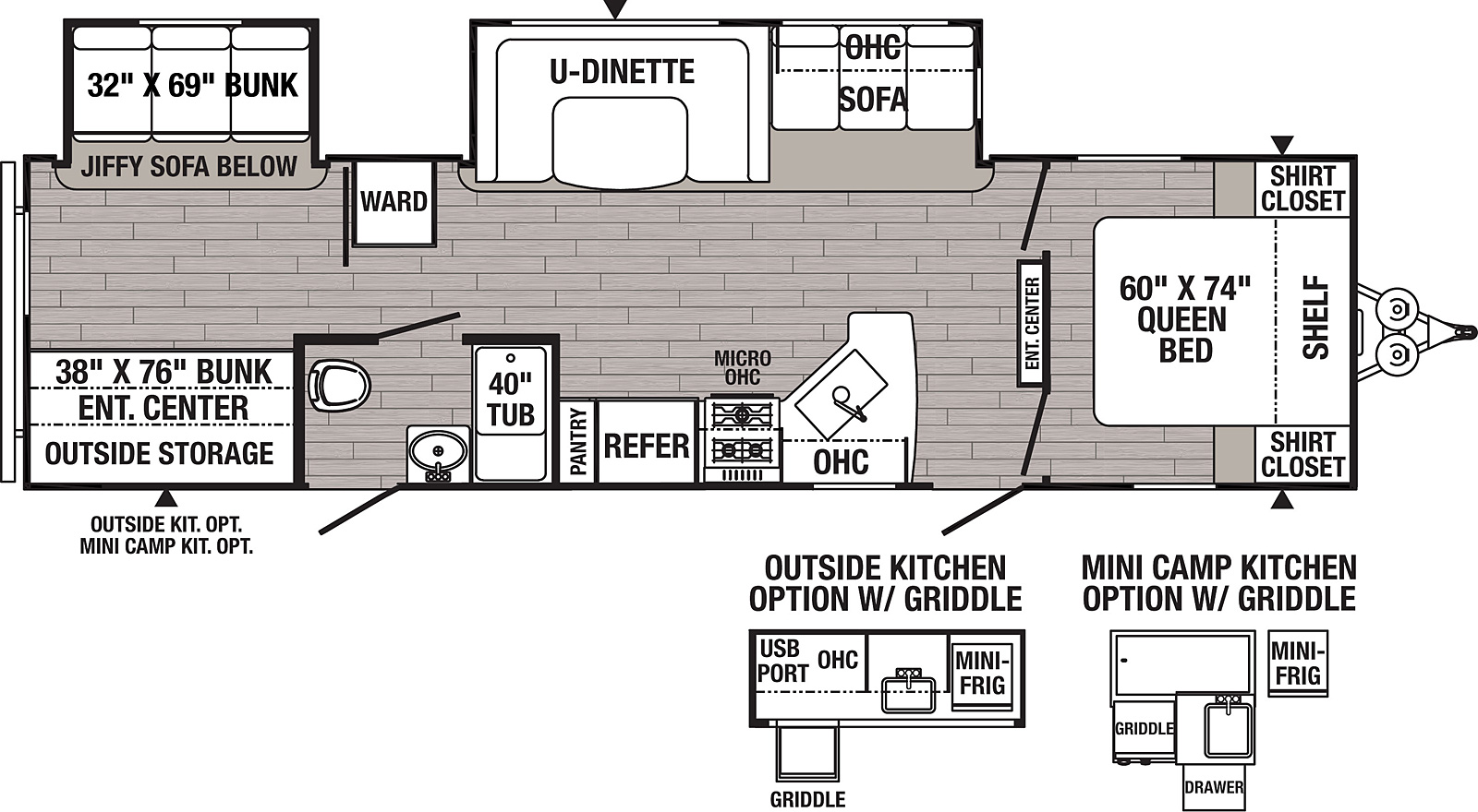 The 31BHSC has two slide outs on the off door side. Exterior features include a 21 foot awning, two entry doors and an outside kitchen with griddle. Interior layout from the front to back: front bedroom with a queen bed and double door entry; entertainment center; slide out containing three cushion sofa and U-dinette; kitchen with microwave, cooktop stove, refrigerator and pantry; full bathroom; wardrobe; sliding door into bunk house, slide out containing flip down bunk and fold down sofa, second bunk on top of entertainment center.